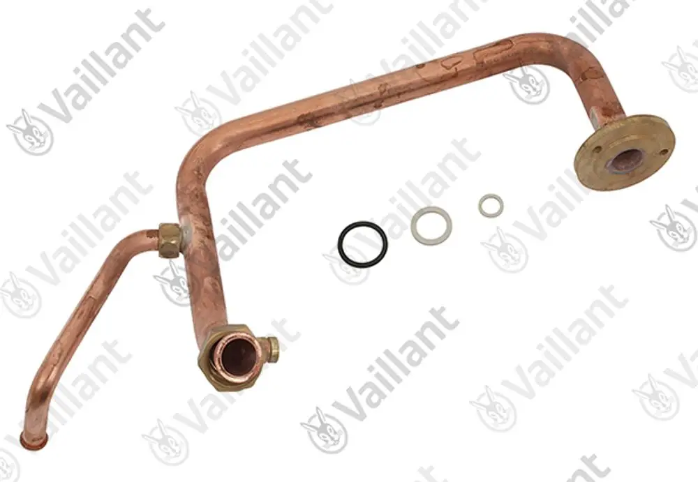 Kupferrohr von Vaillant mit gebogenen Enden, einem Anschlussstück und mehreren Dichtungen.